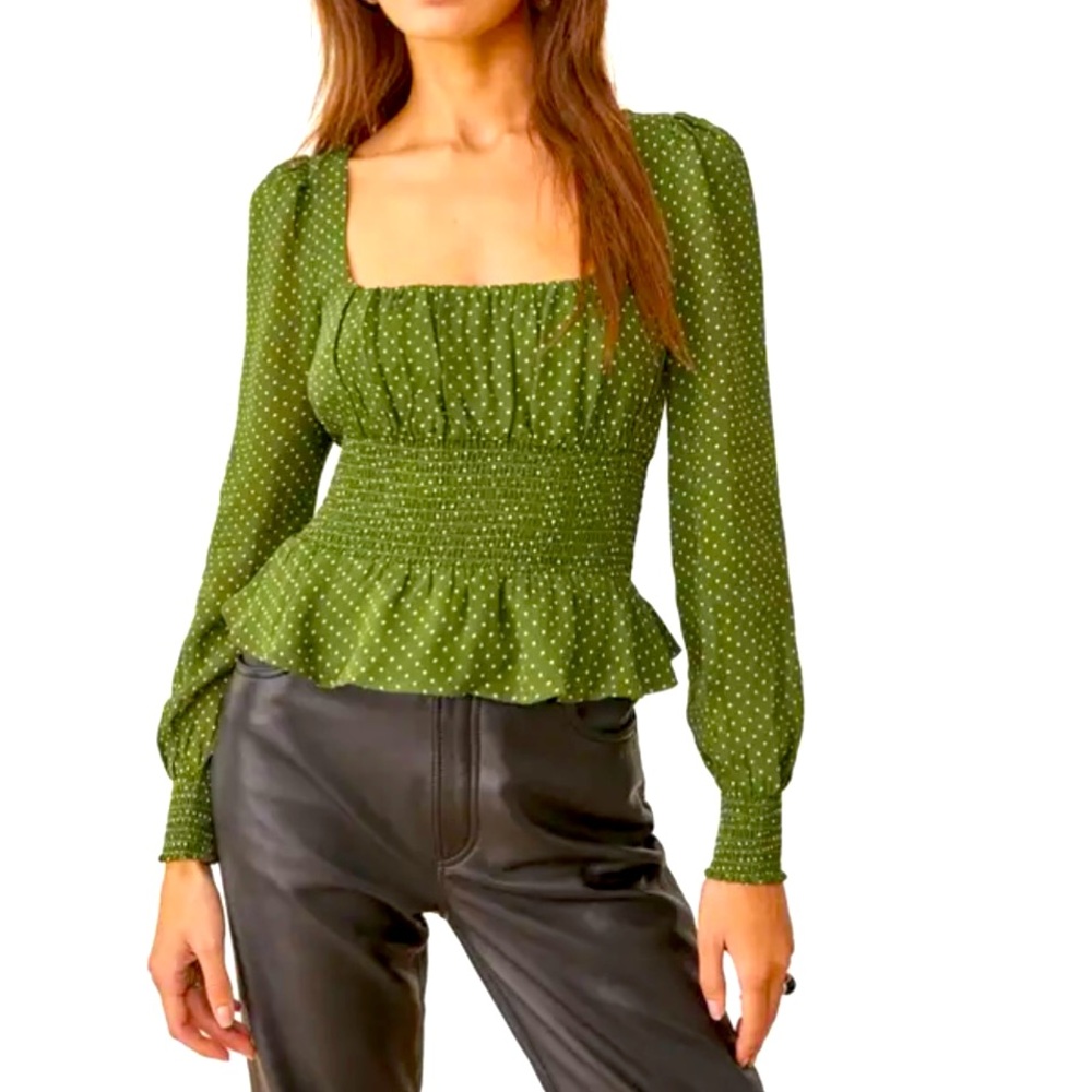 Reformation Hearth Long Sleeve Top Size 6 Peat (Green Polka Dot)